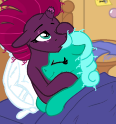 Size: 1080x1158 | Tagged: safe, artist:徐詩珮, fizzlepop berrytwist, glitter drops, tempest shadow, pony, unicorn, g4, my little pony: the movie, spoiler:comic67, spoiler:comic68, bed, bed hair, bedroom, broken horn, clothes, cuddling, female, horn, hug, lesbian, messy hair, morning ponies, scarf, ship:glittershadow, shipping, sleeping, spooning, tempest's tale