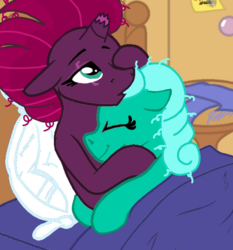 Size: 1080x1158 | Tagged: safe, artist:徐詩珮, fizzlepop berrytwist, glitter drops, tempest shadow, pony, unicorn, friendship is magic #67, friendship is magic #68, g4, my little pony: the movie, bed, bed hair, bedroom, broken horn, clothes, cuddling, female, horn, hug, lesbian, messy hair, morning ponies, scarf, ship:glittershadow, shipping, sleeping, spooning, tempest's tale