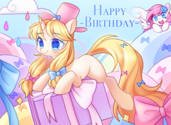 Size: 2200x1600 | Tagged: safe, artist:leafywind, oc, oc only, pegasus, pony, unicorn, bow, cloud, colored pupils, duo, duo female, female, gift art, hair bow, happy birthday, hat, mare, open mouth, ribbon, sky, smiling, spread wings, starry eyes, top hat, wingding eyes, wings
