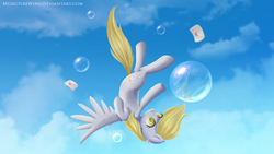 Size: 1920x1080 | Tagged: safe, artist:wavecipher, derpy hooves, pegasus, pony, g4, bubble, colored pupils, falling, female, letter, mare, sky, solo