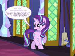 Size: 8000x6000 | Tagged: safe, artist:ithinkitsdivine, starlight glimmer, pony, unicorn, g4, absurd resolution, blushing, broom, broom closet, cute, desperation, dialogue, dustpan, female, fetish, lost, need to pee, omorashi, potty dance, potty emergency, potty time, raised hoof, show accurate, solo, sweat, sweatdrops, trotting, trotting in place, twilight's castle, worried