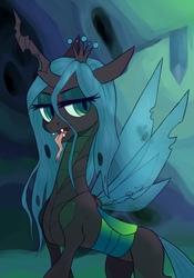 Size: 1509x2160 | Tagged: safe, artist:cherry_kotya, artist:komandorpush, queen chrysalis, changeling, changeling queen, pony, g4, changeling hive, collaboration, crown, fangs, female, forked tongue, jewelry, lidded eyes, quadrupedal, regalia, solo, sparkly eyes, tongue out, wingding eyes