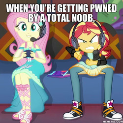 Size: 600x600 | Tagged: safe, edit, edited screencap, screencap, fluttershy, sunset shimmer, equestria girls, g4, game stream, my little pony equestria girls: better together, caption, gamershy, geode of fauna, image macro, impact font, magical geodes, meme, memeful.com, psycho gamer sunset, sunset shimmer frustrated at game, text