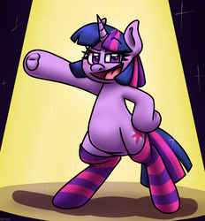 Size: 2000x2156 | Tagged: safe, artist:alittleofsomething, twilight sparkle, pony, unicorn, g4, bipedal, clothes, female, high res, socks, solo, spotlight, striped socks, underhoof