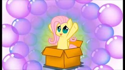 Size: 1280x720 | Tagged: safe, fluttershy, pegasus, pony, g4, abstract background, box, bubble, cute, female, flutterbox, hooves up, looking at you, no pupils, pony in a box, shyabetes, smiling, solo, three quarter view