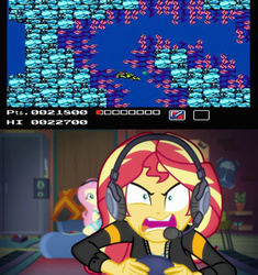 Size: 600x638 | Tagged: safe, edit, edited screencap, screencap, fluttershy, sunset shimmer, equestria girls, g4, game stream, my little pony equestria girls: better together, gamer sunset, konami, meme, nintendo entertainment system, psycho gamer sunset, sunset shimmer frustrated at game, teenage mutant ninja turtles, tell me what you need