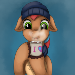 Size: 1000x1000 | Tagged: safe, artist:redquoz, oc, oc only, oc:allegra mazarine, pegasus, pony, chocolate, clothes, female, floppy ears, food, hot chocolate, knit hat, mare, marshmallow, scarf, solo, steam
