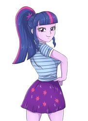 Size: 2480x3425 | Tagged: safe, artist:sumin6301, sci-twi, twilight sparkle, equestria girls, g4, clothes, cute, female, hand on hip, high res, looking at you, missing accessory, ponytail, simple background, skirt, smiling, solo, white background