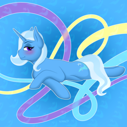Size: 3500x3500 | Tagged: safe, artist:wumbl3, derpibooru exclusive, trixie, pony, unicorn, g4, abstract background, blushing, cutie mark, female, high res, looking at you, mare, on side, smiling, solo