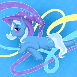 Size: 3500x3500 | Tagged: safe, alternate version, artist:wumbl3, derpibooru exclusive, trixie, pony, unicorn, g4, abstract background, blushing, clothes, cutie mark, female, hat, high res, looking at you, mare, on side, smiling, solo, trixie's hat