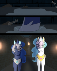 Size: 1768x2196 | Tagged: safe, artist:moonaknight13, princess celestia, princess luna, pony, comic:the magic within, g4, alternate universe, cracks, dungeon, hoof shoes, puddle, rock, torch, walk cycle, walking