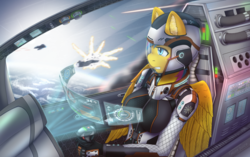 Size: 5000x3130 | Tagged: safe, artist:mintjuice, oc, oc:sunshine, pegasus, anthro, anthro oc, clothes, concentrating, female, flight suit, flying, futuristic, helmet, mare, pilot, planet, space, spaceship, spacesuit, sun, ych result