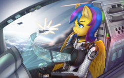 Size: 5000x3130 | Tagged: safe, artist:mintjuice, oc, oc:sunshine, pegasus, anthro, anthro oc, clothes, concentrating, female, flight suit, flying, futuristic, mare, pilot, planet, space, spaceship, spacesuit, sun, ych result
