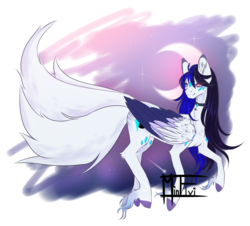 Size: 1926x1740 | Tagged: safe, artist:minelvi, oc, oc only, oc:cyan crystal, dracony, hybrid, pegasus, pony, colored wings, crescent moon, female, mare, moon, multicolored wings, multiple tails, simple background, smiling, solo, transparent background, unshorn fetlocks
