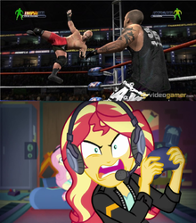 Size: 1356x1540 | Tagged: safe, edit, screencap, fluttershy, sunset shimmer, equestria girls, g4, game stream, my little pony equestria girls: better together, angry, christopher daniels, controller, headphones, homicide (tna), meme, psycho gamer sunset, sunset shimmer frustrated at game, tell me what you need, tna