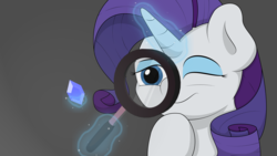 Size: 7999x4499 | Tagged: safe, artist:ljdamz1119, rarity, pony, g4, absurd resolution, female, gem, glowing horn, horn, magic, magnifying glass, one eye closed, simple background, solo