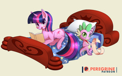 Size: 960x600 | Tagged: safe, artist:phoenixperegrine, spike, twilight sparkle, pony, unicorn, g4, bed, book, female, patreon, patreon logo