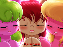 Size: 1000x750 | Tagged: safe, artist:phoenixperegrine, daisy, flower wishes, lily, lily valley, roseluck, pony, g4, blushing, eyes closed, female, flower trio, imminent kissing, mare, open mouth, patreon, patreon logo, trio, trio female