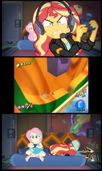 Size: 575x967 | Tagged: safe, edit, edited screencap, screencap, fluttershy, sunset shimmer, equestria girls, g4, game stream, my little pony equestria girls: better together, converse, crossover, f.l.u.d.d., face down ass up, gamer sunset, male, mario, meme, nintendo, psycho gamer sunset, shoes, sunset shimmer frustrated at game, super mario bros., super mario sunshine, tell me what you need