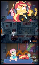 Size: 575x972 | Tagged: safe, edit, edited screencap, screencap, fluttershy, sunset shimmer, angel, equestria girls, g4, game stream, my little pony equestria girls: better together, converse, crash bandicoot (series), crash bandicoot n. sane trilogy, face down ass up, gamer sunset, meme, psycho gamer sunset, shoes, stormy ascent, sunset shimmer frustrated at game, tell me what you need