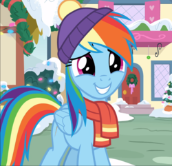 Size: 973x938 | Tagged: safe, screencap, rainbow dash, pegasus, pony, g4, my little pony best gift ever, clothes, cropped, cute, dashabetes, female, hat, mare, scarf, smiling, solo, winter outfit