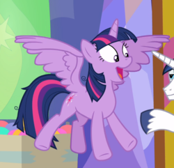 Size: 732x706 | Tagged: safe, screencap, twilight sparkle, alicorn, pony, g4, my little pony best gift ever, cropped, cute, female, midair, offscreen character, open mouth, solo focus, spread wings, twiabetes, twilight sparkle (alicorn), wings