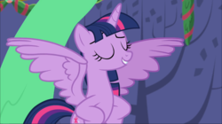 Size: 1668x936 | Tagged: safe, screencap, twilight sparkle, alicorn, pony, g4, my little pony best gift ever, eyes closed, female, food, hooves on hips, pudding, puddinghead's pudding, smug, solo, spread wings, twilight sparkle (alicorn), wings