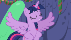 Size: 1666x937 | Tagged: safe, screencap, twilight sparkle, alicorn, pony, g4, my little pony best gift ever, my little pony: friendship is magic, eyes closed, female, food, hooves on hips, pudding, puddinghead's pudding, smug, spread wings, twilight sparkle (alicorn), wings