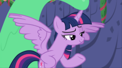 Size: 1667x929 | Tagged: safe, screencap, twilight sparkle, alicorn, pony, g4, my little pony best gift ever, female, food, hooves on hips, lidded eyes, pudding, puddinghead's pudding, smiling, smirk, smug, solo, spread wings, twilight sparkle (alicorn), wings