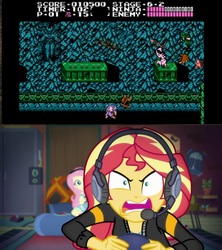 Size: 1279x1440 | Tagged: safe, edit, fluttershy, sunset shimmer, equestria girls, equestria girls series, g4, game stream, spoiler:eqg series (season 2), angry, comparison, gamer sunset, meme, ninja gaiden, nintendo entertainment system, psycho gamer sunset, sunset shimmer frustrated at game, tell me what you need