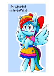 Size: 2902x4088 | Tagged: safe, artist:mustachedbain, rainbow dash, pegasus, pony, g4, alternate hairstyle, bow, clothes, cute, dashabetes, dress, female, hair bow, mare, pewdiepie, smiling, solo