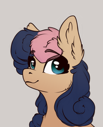 Size: 700x858 | Tagged: safe, artist:28gooddays, bon bon, sweetie drops, earth pony, pony, g4, bust, cheek fluff, ear fluff, eyebrows, eyebrows visible through hair, female, gray background, looking at you, mare, portrait, simple background, smiling, solo
