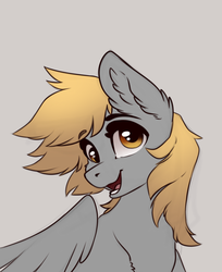 Size: 700x858 | Tagged: safe, artist:28gooddays, derpy hooves, pegasus, pony, g4, bust, ear fluff, female, gray background, looking at you, mare, open mouth, partially open wings, portrait, simple background, smiling, solo, wings