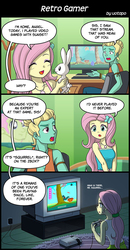 Size: 1600x3080 | Tagged: safe, artist:uotapo, angel bunny, fluttershy, sunset shimmer, zephyr breeze, blue crushed, equestria girls, g4, game stream, my little pony equestria girls: better together, arms, clothes, comic, dress, female, gamershy, geode of fauna, magical geodes, male, nintendo entertainment system, picture frame, ponytail, shimmercode, sleeveless, squirrel game, tank top, translation, video game, younger