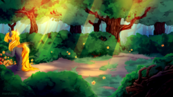 Size: 1920x1080 | Tagged: safe, artist:skylacuna, oc, oc only, oc:gold nova, changeling, changeling oc, crepuscular rays, female, flower, forest, scenery, solo, sunlight, tree