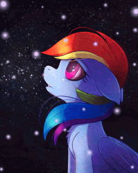Size: 446x560 | Tagged: safe, artist:autumnvoyage, rainbow dash, pegasus, pony, g4, animated, female, floppy ears, folded wings, gif, looking up, mare, open mouth, profile, sitting, solo, starry night, stars, wings