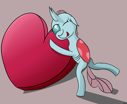 Size: 1500x1224 | Tagged: safe, artist:tazool, derpibooru exclusive, ocellus, changedling, changeling, insect, cute, diaocelles, female, heart, holiday, leg out, love, one ear down, open mouth, playful, simple shading, smiling, solo, standing, valentine, valentine's day