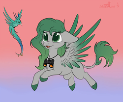 Size: 2100x1750 | Tagged: safe, artist:zobaloba, oc, oc only, oc:dionysus, bird, pony, adventure, binoculars, colored, commission, flying, lineart, quetzal, simple background, solo