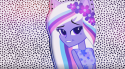 Size: 1118x619 | Tagged: safe, artist:galacticflashd, oc, oc only, oc:jessy violet, equestria girls, g4, abstract background, clothes, ear piercing, earring, female, flower, flower in hair, highlights, jewelry, piercing, smug, solo