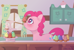 Size: 5192x3496 | Tagged: safe, artist:ev04kaa, pinkie pie, earth pony, pony, rcf community, g4, balancing, cupcake, female, food, indoors, kitchen, looking at something, mare, ponies balancing stuff on their nose, profile, sidemouth, smiling, solo, table