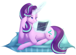 Size: 1600x1172 | Tagged: safe, artist:sunriseauburn, starlight glimmer, pony, unicorn, g4, book, colored pupils, cute, eye clipping through hair, eyebrows, eyebrows visible through hair, female, glimmerbetes, glowing horn, horn, magic, mare, pillow, prone, raised hoof, reading, simple background, solo, telekinesis, transparent background