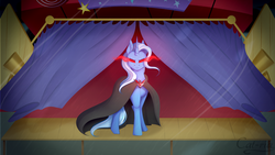 Size: 3100x1743 | Tagged: safe, artist:sunriseauburn, trixie, pony, unicorn, g4, alicorn amulet, cloak, clothes, female, frown, glowing eyes, high res, looking at you, mare, rain, solo, stage, wind