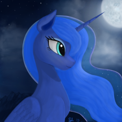 Size: 1000x1000 | Tagged: safe, artist:stream-lined, princess luna, alicorn, pony, bust, cloud, cute, ethereal mane, female, horn, lunabetes, mare, moon, night, portrait, profile, sky, solo, starry mane, stars, wings