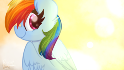 Size: 1920x1080 | Tagged: safe, artist:lbrcloud, rainbow dash, pegasus, pony, g4, bright, cloud, female, looking at you, looking back, looking back at you, mare, rear view, redraw, smiling, solo, sun, sunlight, three quarter view, wings