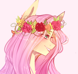 Size: 755x723 | Tagged: safe, artist:erinartista, fluttershy, pony, g4, bust, chest fluff, cute, female, floral head wreath, flower, mare, pink background, portrait, profile, shyabetes, simple background, solo
