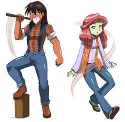 Size: 3056x3000 | Tagged: safe, artist:danmakuman, artist:rj-streak, tree hugger, trouble shoes, human, equestria girls, g4, axe, beard, clothes, costume, equestria girls-ified, facial hair, feet, female, high res, log, lumberjack, male, plad shirt, sandals, shipping, simple background, straight, suspenders, troublehugger, weapon, white background