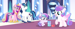 Size: 3322x1306 | Tagged: safe, artist:velveagicsentryyt, princess cadance, princess flurry heart, shining armor, oc, oc:lissa, pegasus, pony, g4, baby, baby pony, crown, female, filly, jewelry, male, offspring, older, parent:princess cadance, parent:shining armor, parents:shiningcadance, regalia, ship:shiningcadance, shipping, sisters, straight