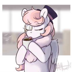 Size: 835x838 | Tagged: safe, artist:scruffasus, oc, oc:feather belle, pegasus, pony, chest fluff, drinking, eyes closed, female, fluffy, food, hat, lapping, like a sir, mare, monocle, monocle and top hat, signature, tea, top hat, two toned wings