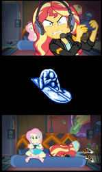 Size: 575x966 | Tagged: safe, edit, screencap, fluttershy, sunset shimmer, equestria girls, g4, game stream, my little pony equestria girls: better together, controller, converse, face down ass up, frustrated, game over, gamer, gamer sunset, gamershy, meme, nintendo entertainment system, psycho gamer sunset, rage, rage face, shimmercode, shoes, silver surfer, sunset shimmer frustrated at game, tell me what you need