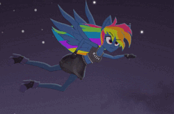 Size: 388x254 | Tagged: safe, artist:galacticflashd, rainbow dash, equestria girls, g4, secrets and pies, adorapiehater, animated, clothes, cute, equestria girls-ified, evil pie hater dash, eyeshadow, female, flying, gloves, goth, hand on hip, makeup, night, ponied up, solo